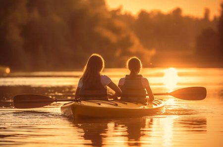 dwie kobiety w kajaku o zachodzie słońca