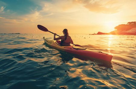 kobieta w kajaku o zachodzie słońca