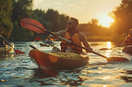 spływ kajakowy, mężczyźni płyną w kajakami